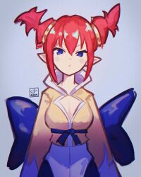  1girl absurdres aisem artist_name back_bow blue_bow blue_eyes blue_pants bow breasts cleavage_cutout clothing_cutout demon_girl disgaea dougi female_brawler_(disgaea) highres obi pants pink_hair pointy_ears sash shirt short_twintails twintails white_loincloth yellow_shirt 