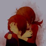  1girl brown_hair closed_eyes crying eyes_closed grey_background hana_(mew) hug hug_from_behind kotone_(pokemon) low_twintails lowres pokemon pokemon_(game) pokemon_gsc pokemon_hgss red_hair redhead silver_(pokemon) simple_background tears 