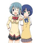  ano_natsu_de_matteru blue_eyes blue_hair crossover look-alike mahou_shoujo_madoka_magica miki_sayaka multiple_girls onatasan school_uniform short_hair smile tanigawa_kanna v 