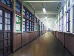  building bulletin_board ceiling ceiling_light door film_grain fuuki_iinchou_seira game_asset hallway indoors no_humans non-web_source official_art reflective_floor scenery school self-datamine visual_novel_cg window 