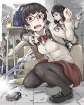  backpack bag black_hair black_legwear book broom brown_eyes chair clenched_hand duster eraser glasses hair_ornament hairpin headset ina_(gokihoihoi) multiple_girls open_mouth original pantyhose pen short_hair skirt squatting table trigger_discipline twintails weapon 