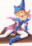  absurdres bare_shoulders blonde_hair boots breasts card choker cleavage dark_magician_girl duel_monster fkey green_eyes hat highres long_hair looking_at_viewer nail_polish pentacle pentagram smile thigh-highs thighhighs white_legwear yu-gi-oh! yuu-gi-ou yuu-gi-ou_duel_monsters 