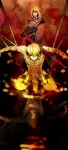  1girl 97ryo armor armored_dress blonde_hair dark_excalibur dress fate/stay_night fate/zero fate_(series) gauntlets gilgamesh jewelry necklace reflection saber saber_alter shirtless sword tied_up weapon yellow_eyes 