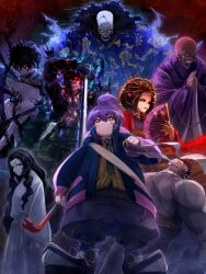  absurdres ashura_(dark_gathering) aura bald black_sclera blue_robe buddhism colored_sclera dark_aura dark_gathering demon_sergeant_(dark_gathering) double_pupils ghost glowing glowing_eyes group_picture hand_fan highres holding holding_sketchbook holding_sword holding_weapon houzuki_yayoi itsudzumi jiya_kyomon_daisojo_(dark_gathering) large_shoes monk oiran otogiri_(dark_gathering) praying red_eyes robe sairo_se_rekobe_(dark_gathering) sengon_kegon_jijin_doji_(dark_gathering) shoes sketchbook skull-shaped_pupils skull_head soldier sword symbol-shaped_pupils taira_no_masakado_(dark_gathering) weapon 