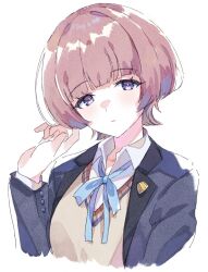  1girl arimura_mao black_jacket blue_ribbon brown_sweater_vest closed_mouth cropped_torso expressionless gakuen_idolmaster hand_up hatsuboshi_gakuen_school_uniform highres idolmaster jacket long_sleeves looking_at_viewer nara1508 neck_ribbon open_clothes open_jacket pink_hair ribbon school_uniform short_hair simple_background solo sweater_vest upper_body violet_eyes white_background 