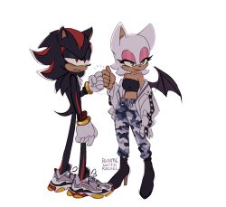  1boy 1girl bare_shoulders bat_wings black_tube_top camouflage camouflage_pants commentary crop_top english_commentary fist_bump furry furry_female furry_male gloves green_eyes high_heels highres jacket makeup midriff off_shoulder pants red_eyes rhyme_with_rachel rouge_the_bat shadow_the_hedgehog shoes signature smile sneakers sonic_(series) strapless tube_top white_gloves white_jacket white_shoes wings 