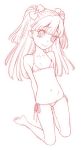  bikini blush character_request flat_chest hijiri_rei idolmaster idolmaster_cinderella_girls jougasaki_rika kneeling lineart long_hair monochrome navel side-tie_bikini side-tie_bottom solo swimsuit tears 