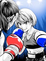  2girls blue_background blue_gloves boxing boxing_gloves boxing_shorts breasts commentary_request flying_sweatdrops gloves hatching_(texture) high_ponytail highres lee_(dragon_garou) limited_palette linea_alba mouth_guard multiple_girls original partially_colored ponytail red_gloves serious short_hair shorts small_breasts sweat v-shaped_eyebrows 