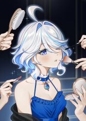  1girl ahoge alternate_costume applying_makeup bare_shoulders black_shawl blue_dress blue_eyes blue_streaks breasts brooch collarbone commentary cosmetics dress drop-shaped_pupils english_commentary eyes_visible_through_hair furina_(genshin_impact) genshin_impact glint hair_intakes hand_mirror highres holding holding_brush holding_lipstick_tube holding_mirror jewelry lipstick_tube looking_ahead makeup_brush mirror multicolored_hair one_eye_closed out_of_frame parted_lips shawl short_hair small_breasts solo_focus streaked_hair swept_bangs symbol-shaped_pupils two-tone_hair upper_body watermark wavy_hair white_hair yura_s_arts 