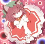  animal_ears brown_hair cat_ears cat_tail chen dress ear_piercing earrings hat jewelry looking_at_viewer mari_audio piercing red_dress red_eyes red_nails shirt short_hair solo tail touhou 