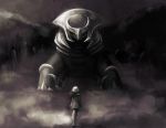  1girl alternate_form beanie epic from_behind giratina greyscale hat hikari_(pokemon) hikari_(pokemon)_(remake) inumura_(inu_noya) long_hair monochrome monster no_humans pokemon pokemon_(creature) winter_clothes 