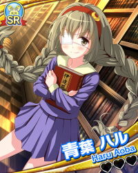  1girl aoba_haru blush book bookshelf braid braided_twintails card_(medium) card_commentary character_name checkered_floor closed_mouth commentary crescent_ornament diffraction_spikes dutch_angle eyepatch green_eyes green_hair green_sailor_collar hairband heart holding holding_book idol_wars indoors ladder library long_hair long_sleeves looking_at_viewer low_twintails medical_eyepatch official_art purple_shirt purple_skirt red_hairband sailor_collar shirt skirt smile solo sparkle third-party_source twintails wooden_ladder 