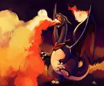  alternate_color black_skin breathing_fire charizard claws clothed_pokemon commentary dragon eastern_dragon fangs fire flame highres neckerchief no_humans pokemon pokemon_(creature) purplekecleon shiny_pokemon signature solo standing standing_on_one_leg tail-tip_fire 