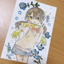  1girl :d blue_flower blue_skirt blush_stickers bow bowtie brown_hair brown_sweater_vest commentary_request cowboy_shot dot_nose double-parted_bangs double_v flower hair_between_eyes hair_ornament hairclip hands_up long_hair looking_at_viewer miniskirt open_mouth original painting_(medium) pleated_skirt red_bow red_bowtie school_uniform shirt short_sleeves simple_background skirt smile solo sweater_vest traditional_media twintails uenae_chiyiro v watercolor_(medium) white_background white_shirt yellow_eyes 
