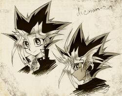  2boys artist_name atem bright_pupils closed_mouth commentary_request cropped_torso earrings greyscale jewelry looking_at_viewer male_focus monochrome multiple_boys muto_yugi smile spiky_hair white_pupils yu-gi-oh! yu-gi-oh!_duel_monsters zin_(mame_denkyu) 