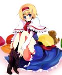  alice_margatroid blonde_hair blue_eyes capelet dress dressing frills frown hairband night-moon pantyhose pantyhose_pull pillow solo stuffed_animal stuffed_toy teddy_bear touhou 