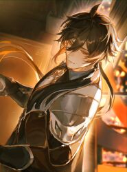  1boy absurdres armor black_gloves blurry brown_hair depth_of_field genshin_impact gloves highres indoors light_smile long_hair male_focus matuka10101 shoulder_armor simple_background upper_body zhongli_(genshin_impact) 