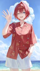  1girl absurdres ange_katrina beach blue_hair blue_sky clouds cloudy_sky collared_shirt commentary day flat_chest hair_between_eyes hair_ornament hand_in_pocket highres looking_at_viewer nijisanji ocean one_eye_closed open_hand open_mouth outdoors pants red_hair red_shirt rissenka sand shirt short_hair short_sleeves shorts single_hair_intake sky smile solo triangle_hair_ornament triangle_print virtual_youtuber white_pants white_shorts 
