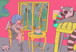  1girl animal bag bird black_dress blue_hair blush bottle bow braid chair cigarette closed_mouth coconut coconut_cup collared_shirt commentary crossed_legs cup dress drink drinking_glass drinking_straw flower food fruit_as_cup full_body grey_bow hair_bow hair_ornament hairclip half-closed_eye handbag highres holding holding_bottle holding_cigarette indoors leaf lemur long_hair long_sleeves looking_to_the_side multicolored_shoes on_chair open_window original oversized_animal parrot pinafore_dress pink_background plant plastic_bottle poster_(object) profile ring-tailed_lemur shirt shoelaces shoes side_braid single_braid sitting sleeveless sleeveless_dress sneakers striped_tail sun_symbol table tail terada_tera tile_floor tiles white_shirt window 