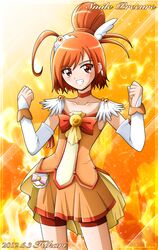  2012 artist_name bike_shorts bowtie brooch choker cure_sunny dated dress grin hair_bun highres hikari_(hikari_no_kobako) hino_akane jewelry magical_girl orange_(color) orange_background orange_dress orange_eyes orange_hair precure short_hair shorts_under_skirt skirt smile smile_precure! solo title_drop 