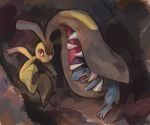  battle biting brown_background claws closed_eyes cranidos extra_mouth jumping mawile no_humans open_mouth outstretched_arms pokemon pokemon_(creature) purplekecleon red_eyes spread_arms teeth 