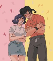  1boy 1girl belt_buckle black_hair blue_hair blush braid brown_lips buckle commentary crossed_arms denim denim_shorts english_commentary eye_contact gelsterthegel grey_pants grey_shirt highres looking_at_another pants pink_eyes ranma_1/2 saotome_ranma saotome_ranma_(male) shirt short_hair shorts single_braid tendou_akane tongue tongue_out white_eyes 