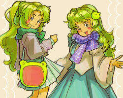  1girl absurdres alternate_costume alternate_hairstyle bag blush closed_mouth commentary detached_sleeves english_commentary frog_hair_ornament green_eyes green_hair green_scarf green_skirt grey_sweater hair_ornament highres kochiya_sanae long_hair long_sleeves looking_at_viewer molly_yancey multiple_views one_eye_closed open_mouth ponytail purple_scarf scarf shirt shoulder_bag skirt sleeveless sleeveless_shirt smile sweater touhou very_long_hair white_shirt wide_sleeves 