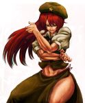  braid fighting_stance green_eyes hat hong_meiling long_hair muscle navel red_hair redhead ribbon simple_background solo star terajin touhou twin_braids 