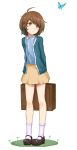  :o ahoge arms_behind_back blush bobby_socks brown_eyes brown_hair butterfly cardigan highres mary_janes original purea shoes short_hair simple_background skirt socks solo standing suitcase white_background white_legwear 