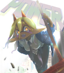  1girl absurdres arm_up bent_over black_necktie black_pants blonde_hair blue_jacket blurry blurry_background buttons chainsaw_man character_name collared_shirt colored_skin colored_tongue commentary_request cosplay dark-skinned_female dark_skin day dress_shirt fang feet_out_of_frame frye_(splatoon) hair_between_eyes hand_on_own_hip hideyoshi_(swliyhbpe9xqqze) highres horns jacket long_hair long_sleeves looking_at_viewer multicolored_hair multicolored_skin necktie open_clothes open_jacket open_mouth orange_eyes outdoors pants pointy_ears power_(chainsaw_man) power_(chainsaw_man)_(cosplay) purple_hair purple_skin purple_tongue red_horns shirt short_eyebrows smile solo splatoon_(series) splatoon_3 standing star-shaped_pupils star_(symbol) symbol-shaped_pupils tongue translation_request two-tone_skin variant_set variant_set_available white_hair white_shirt wing_collar yellow_pupils 
