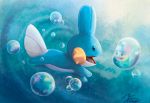  blue blue_skin bubble creature diving mudkip no_humans pokemon pokemon_(creature) reflection signature smile solo swimming tiina tongue underwater 
