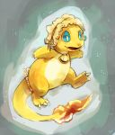 alternate_color blue_eyes charmander clothed_pokemon commentary fang full_body green_background grey_background looking_away no_humans pokemon pokemon_(creature) purplekecleon ribbon shell_bell shiny_pokemon signature smile solo standing standing_on_one_leg tail tail_ribbon white_background yellow_skin 