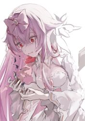 1girl arcaea bow breasts carnation collar commentary_request crossed_bangs crying crying_with_eyes_open detached_collar detached_wings dress dress_bow flower frilled_dress frilled_sleeves frills gloves hair_between_eyes hair_bow hajimessub highres hikari_(arcaea) hikari_(fatalis)_(arcaea) long_hair long_sleeves mechanical_wings medium_breasts pink_bow pink_hair red_carnation red_eyes red_flower shrug_(clothing) simple_background solo tears upper_body white_background white_collar white_dress white_gloves white_shrug white_sleeves wide_sleeves wings 