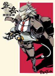  1boy alternate_costume banyue_(zenless_zone_zero) belt brown_jacket brown_pants character_name clothed_robot commentary_request grey_hair grey_tail highres humanoid_robot jacket male_focus multicolored_hair necktie pants red_background red_necktie robot robot_boy san_taifu shadow shirt solo white_hair white_shirt zenless_zone_zero 