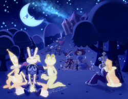  4boys 6+girls absurdres animal_ears asymmetrical_eyelashes asymmetrical_eyes asymmetrical_gloves asymmetrical_legs black_eyes black_hat black_pants blue_bow blue_dress blue_eyes blue_gloves blush_stickers bow bowtie brown_hair button_eyes buttons caine_(the_amazing_digital_circus) chess_piece circus_tent clown clown_makeup colored_sclera colored_skin colored_teeth comedy_and_tragedy_masks commentary crescent_moon dentures detached_eyes dress english_commentary eye_in_mouth flower flower_on_head frog_girl fur-trimmed_robe fur_trim furry furry_female furry_male gangle_(the_amazing_digital_circus) gloves green_eyes hair_bow hat hat_bell heterochromia highres holding hologram jax_(the_amazing_digital_circus) jester jester_cap jester_costume kaufmo_(the_amazing_digital_circus) king_(chess) kinger_(the_amazing_digital_circus) mask mismatched_gloves moon moon_(the_amazing_digital_circus) multicolored_eyes multicolored_hat multiple_boys multiple_girls outdoors overalls oversized_footwear pac-man_eyes pants pink_overalls pomni_(the_amazing_digital_circus) puffy_sleeves queen_(chess) queenie_(the_amazing_digital_circus) rabbit_boy rabbit_ears ragatha_(the_amazing_digital_circus) ragdoll red_eyes red_gloves red_hair red_ribbon red_tailcoat ribbit_(the_amazing_digital_circus) ribbon robe rosizoitsa short_hair short_sleeves smile striped_clothes striped_headwear teeth the_amazing_digital_circus top_hat two-tone_eyes two-tone_hat vertical-striped_clothes vertical-striped_headwear white_gloves white_skin yellow_gloves yellow_sclera yellow_teeth zooble_(the_amazing_digital_circus) 