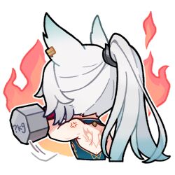  1girl animal_ears backless_outfit chibi chibi_only commentary dumbbell english_commentary feixiao_(honkai:_star_rail) fire fox_ears from_behind high_ponytail holding holding_dumbbell honkai:_star_rail honkai_(series) muscular muscular_female official_art ponytail shoulder_blades solo veins white_hair 