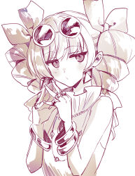  1girl bow bracelet commentary_request crystal_earrings dress drill_hair earrings eyewear_on_head hair_bow hat highres jewelry jitome katayama_kei long_hair looking_at_viewer necklace open_mouth round_eyewear sleeveless sleeveless_dress solo steepled_fingers sunglasses touhou twin_drills upper_body yorigami_jo'on 