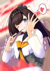  1girl absurdres akizuki_(kancolle) akizuki_kai_ni_(kancolle) black_hair black_headband blurry corset depth_of_field grey_eyes hand_on_own_face headband heart highres jacket kantai_collection one_eye_closed solo spoken_heart strawberry_shotcake tastas trembling upper_body utensil_in_mouth white_jacket 