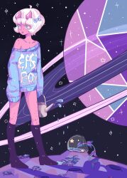  1other :o bad_source bare_shoulders black_socks blonde_hair blue_sweater body_freckles bowl bright_pupils clothes_writing colored_skin fishbowl freckles glass_bowl grey_eyes hair_ribbon holding holding_watering_can horns long_sleeves multicolored_ribbon original other_focus pink_horns pink_skin planet ribbon shinjis short_hair socks standing star_(sky) star_(symbol) surreal sweater teeth upper_teeth_only vaporwave watering_can white_pupils yume_kawaii 