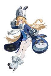 1girl absurdres blonde_hair blue_coat blue_jacket blunt_bangs boots braid coat full_body garter_straps gloves grey_boots grey_hat grey_helmet hat helmet high_heel_boots high_heels highres jacket large_hat long_hair long_sleeves looking_at_viewer norma_hollowell official_art open_clothes open_coat shako_cap solo thigh-highs transparent_background twin_braids very_long_hair violet_eyes white_garter_straps white_gloves white_thighhighs zenless_zone_zero 