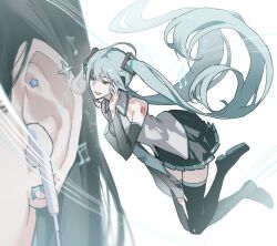  2girls aqua_hair aqua_necktie black_boots black_hair black_skirt boots detached_sleeves earphones earrings floating grey_shirt hatsune_miku headset jewelry long_hair mini_person mosyiiyy multiple_girls musical_note necktie number_tattoo open_mouth pleated_skirt shirt shoulder_tattoo skirt sleeveless sleeveless_shirt tattoo thigh_boots twintails very_long_hair vocaloid whispering_in_ear white_background 
