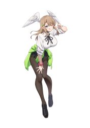  1girl :q ;q alternate_costume black_choker black_ribbon black_shoes black_skirt blue_eyes breasts brown_hair brown_pantyhose choker clothes_around_waist clover_hair_ornament collared_shirt commentary contemporary eunie_(xenoblade) four-leaf_clover_hair_ornament full_body green_jacket hair_ornament hairclip head_wings hehe_jun highres jacket jacket_around_waist large_breasts loafers long_hair neck_ribbon one_eye_closed pantyhose pink_scrunchie pleated_skirt ribbon school_uniform scrunchie shirt shoes simple_background skirt solo tongue tongue_out v v_over_eye white_background white_shirt wings wrist_scrunchie xenoblade_chronicles_(series) xenoblade_chronicles_3 