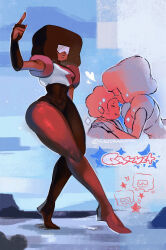  1boy 1girl afro antenna0203 black_hair breasts colored_skin commentary_request dancing full_body garnet_(steven_universe) gem_(steven_universe) highres red_skin short_hair smile solo_focus standing steven_quartz_universe steven_universe 