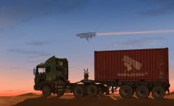  1girl aircraft airship blue_sky can clouds commentary_request desert dragon_girl dreamcatcher drink_can dusk facing_ahead furry furry_female gradient_sky green_poncho highres horns merqrous motor_vehicle on_truck orange_sky original outdoors pointy_ears science_fiction semi_truck shipping_container sitting sky solo takeout_container truck vehicle_focus vehicle_request white_hair 