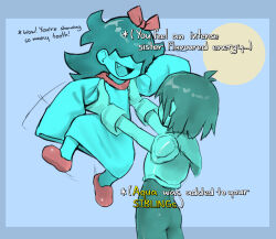  1girl 1other absurdres aqua_(deltarune) aqua_dress aqua_skin armor ass blue_skin bow colored_skin covered_eyes deltarune dress english_text fang gloves hair_bow highres kris_(dark_world)_(deltarune) kris_(deltarune) lifting_person multicolored_squares_background open_mouth pettankon red_bow red_shoes scarf shoes short_hair simple_background smile utdr_(toby_fox) 