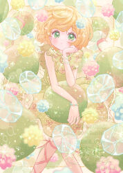  1girl :/ artist_name bare_arms blurry blurry_foreground blush bracelet brown_background closed_mouth commentary_request dot_nose dress elbow_rest feet_out_of_frame floating floating_clothes floating_object fuka_(f_uka_1021) green_dress green_eyes hand_on_own_face hand_up head_on_hand head_rest highres ice ice_cube jewelry knees_together_feet_apart leg_ribbon looking_at_viewer neck_ribbon orange_hair original oversized_object petticoat pink_ribbon plum raised_eyebrows ribbon short_hair signature simple_background sleeveless sleeveless_dress solo sparkle standing twitter_username watermark 