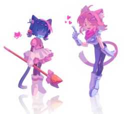  1girl 1other :d :| alternate_costume animal_ears armor armored_boots bell black_bodysuit black_pantyhose blue_hair bodysuit boots breastplate breasts cat_ears cat_girl cat_tail closed_mouth commentary cosplay costume_switch covered_eyes deltarune dress expressionless fang full_body gauntlets green_eyes heart heart_pendant highres holding holding_staff jingle_bell kris_(dark_world)_(deltarune) kris_(deltarune) kris_(deltarune)_(cosplay) leaning_forward mad_mew_mew mad_mew_mew_(cosplay) medium_breasts medium_hair one_eye_closed pantyhose pink_dress pink_hair pink_scarf pointing pointing_up puffy_short_sleeves puffy_sleeves red_soul_(utdr) reflection scarf short_sleeves simple_background smile soul_(utdr) staff standing tail twomeal272 utdr_(toby_fox) white_background white_boots 