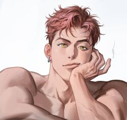  crew_cut earrings highres hoop_earrings jewelry love_and_deepspace male_focus nose painterly red_hair short_sideburns sideburns single_earring topless_male valko_(love_and_deepspace) yellow_eyes 