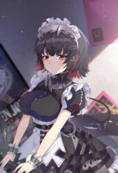  1girl black_dress black_hair breasts closed_mouth colored_inner_hair dress ellen_joe fins fish_tail highres large_breasts liangji_uu maid_headdress medium_hair mole mole_under_eye multicolored_hair red_eyes red_hair shark_girl short_hair solo tail wristband zenless_zone_zero 