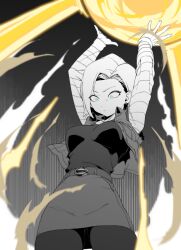  1girl android_18 blue_eyes breasts commentary denim dragon_ball dragon_ball_z energy_ball highres jeans medium_breasts pants serious short_hair solo zequung 